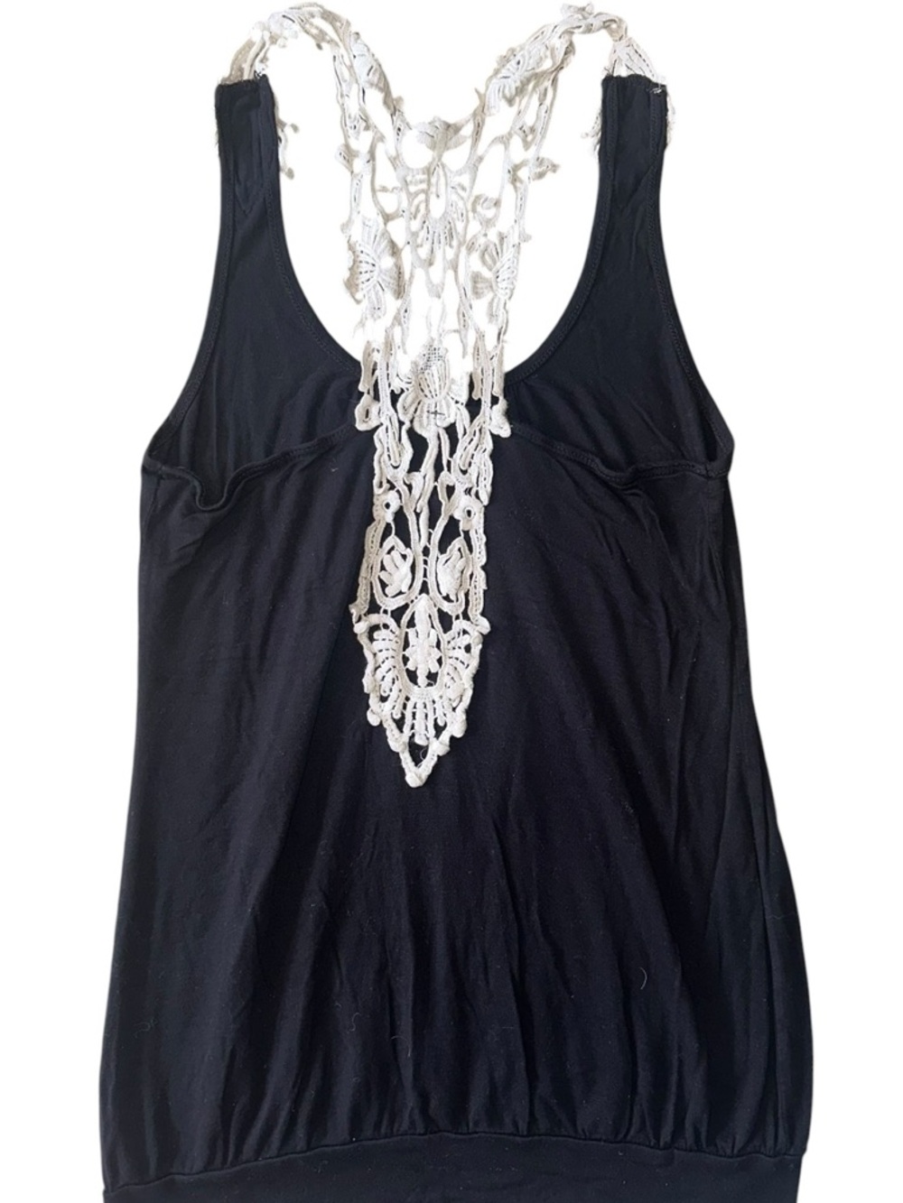 Black Women's Tank Top with White Crochet Back Detail